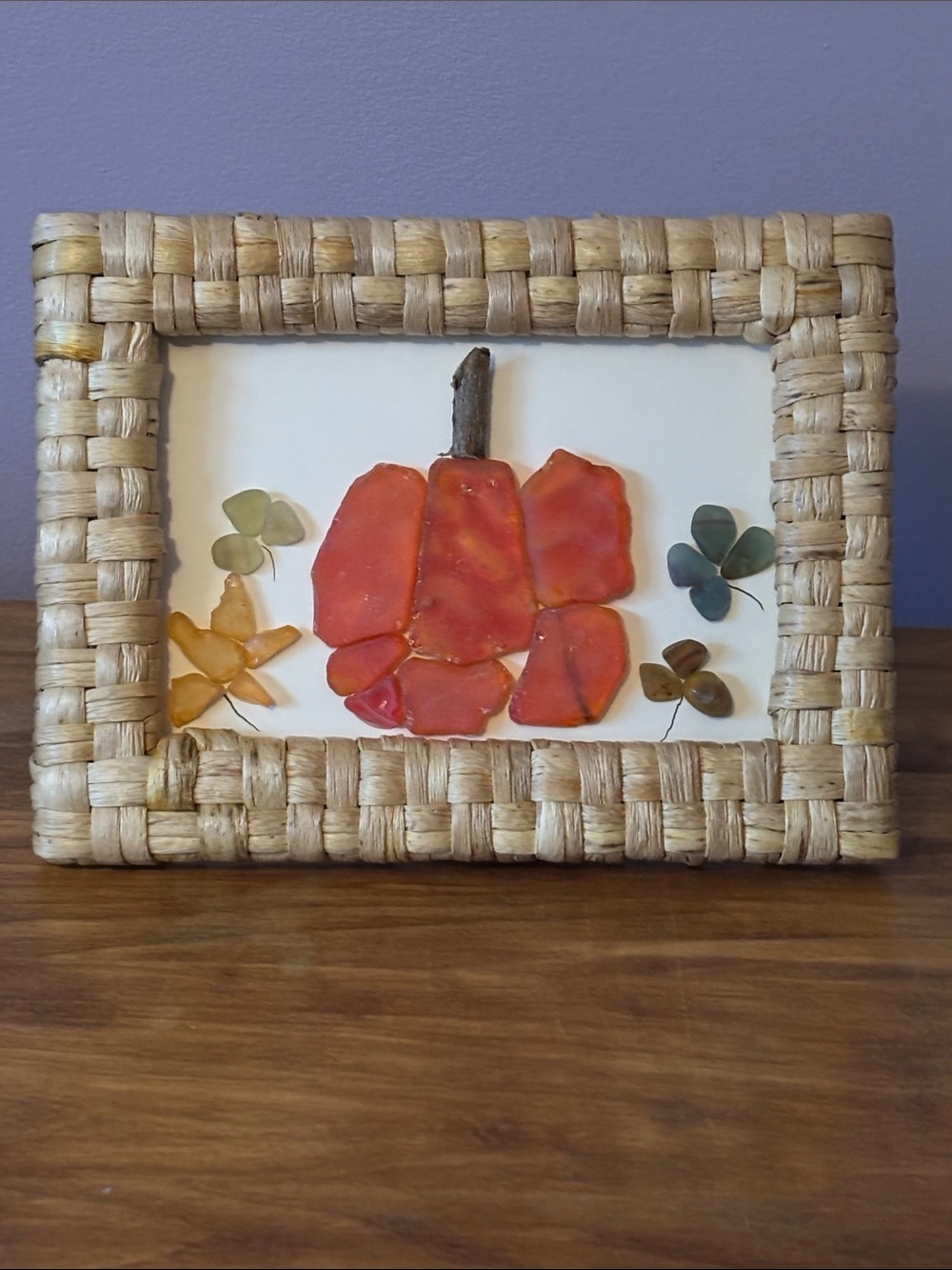Artisan Orange Sea Glass Pumpkin & Leaves with Natural Woven Frame